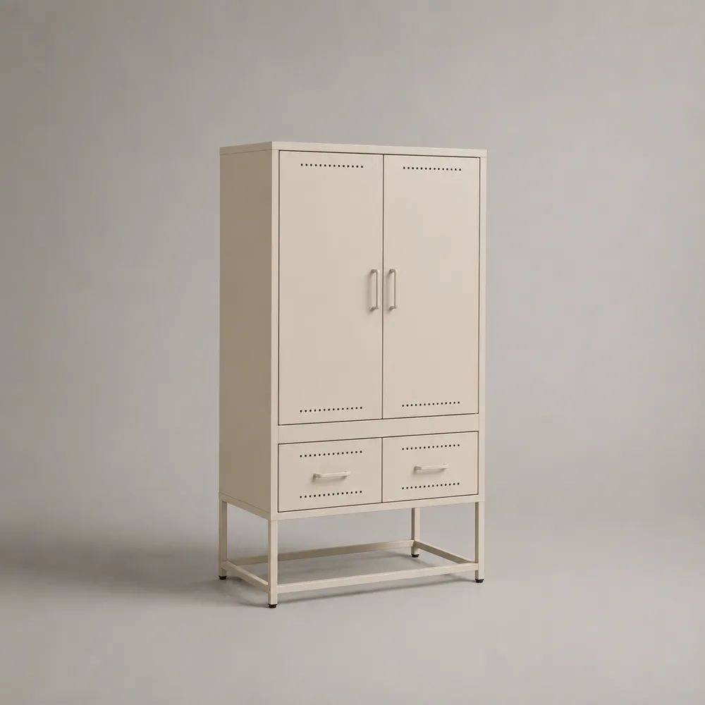 Credenza alta rettangolare in acciaio verniciato a polvere beige chiaro con 2 ante e 2 cassetti, 90 × 40 × 160 cm