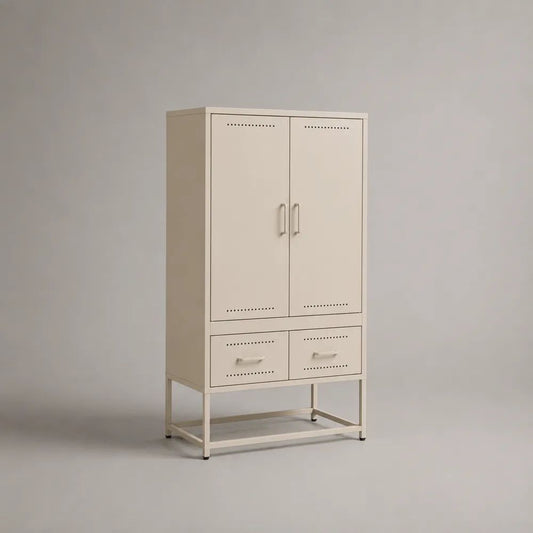 Credenza alta rettangolare in acciaio verniciato a polvere beige chiaro con 2 ante e 2 cassetti, 90 × 40 × 160 cm