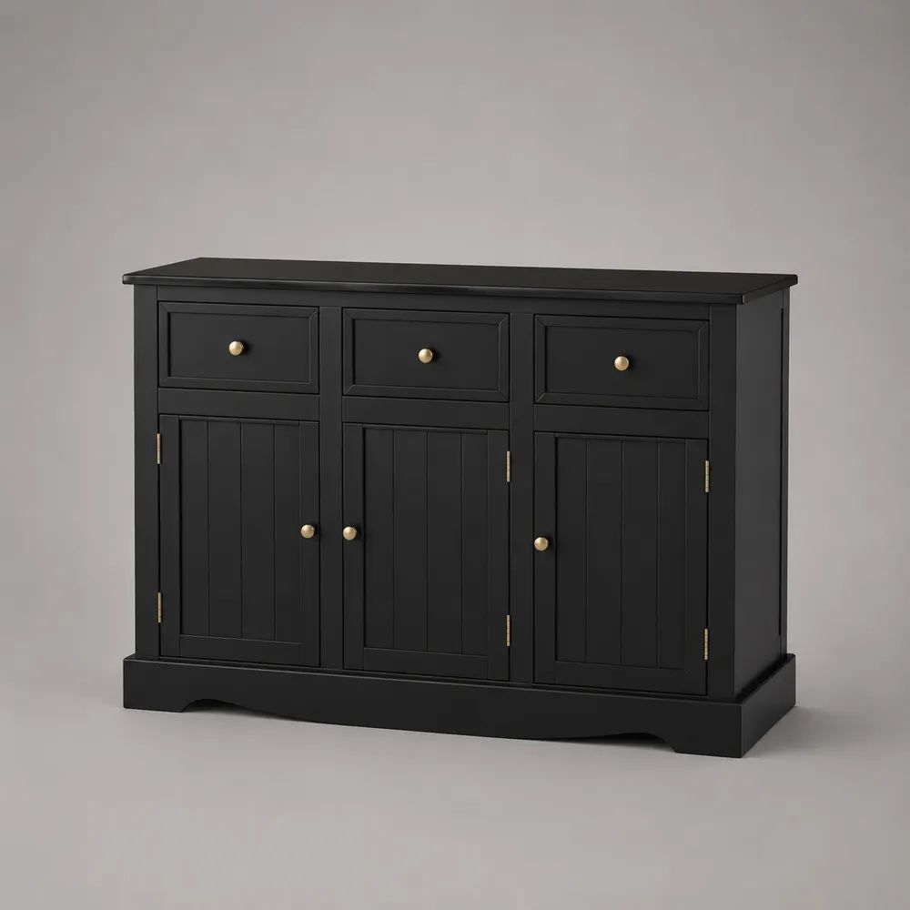 Credenza buffet rettangolare in legno, MDF e metallo, nera con 3 ante e 3 cassetti, 120 × 40 × 85 cm
