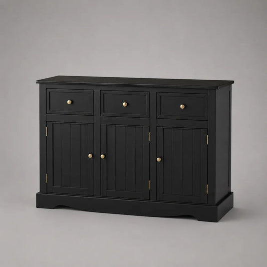 Credenza buffet rettangolare in legno, MDF e metallo, nera con 3 ante e 3 cassetti, 120 × 40 × 85 cm