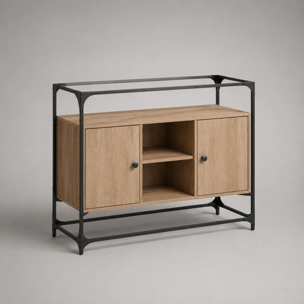 Credenza rettangolare in legno e acciaio, rovere naturale e nero, 120 x 40 x 100 cm