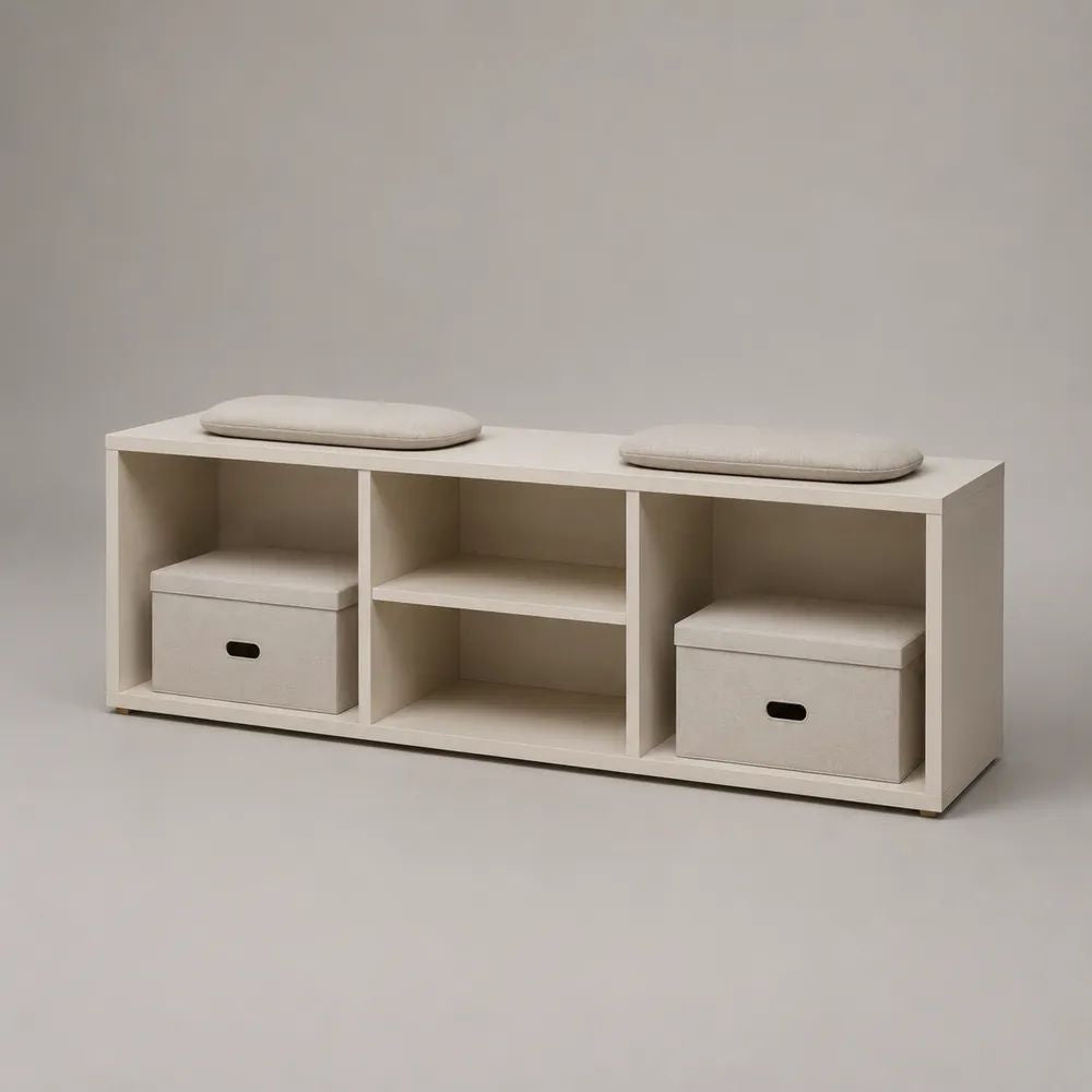 Panca scarpiera rettangolare in legno bianco e beige con seduta, 4 vani, 2 cuscini e 2 contenitori, 120 x 35 x 45 cm