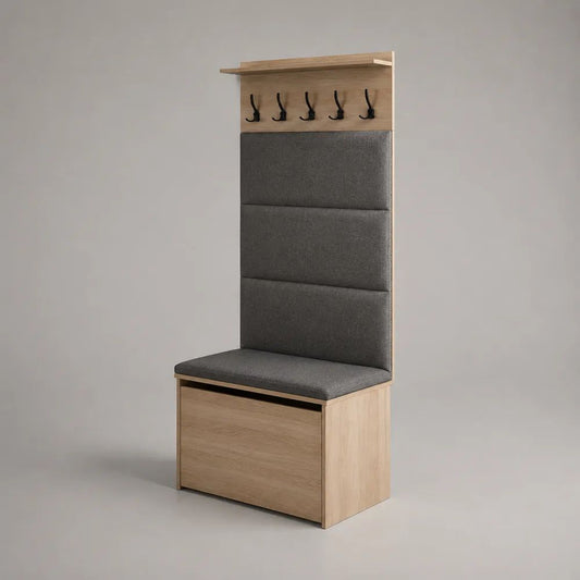 Mobile da ingresso in legno con panca contenitore, 5 ganci appendiabiti e schienale imbottito, rovere chiaro e grigio antracite, 80 x 40 x 190 cm