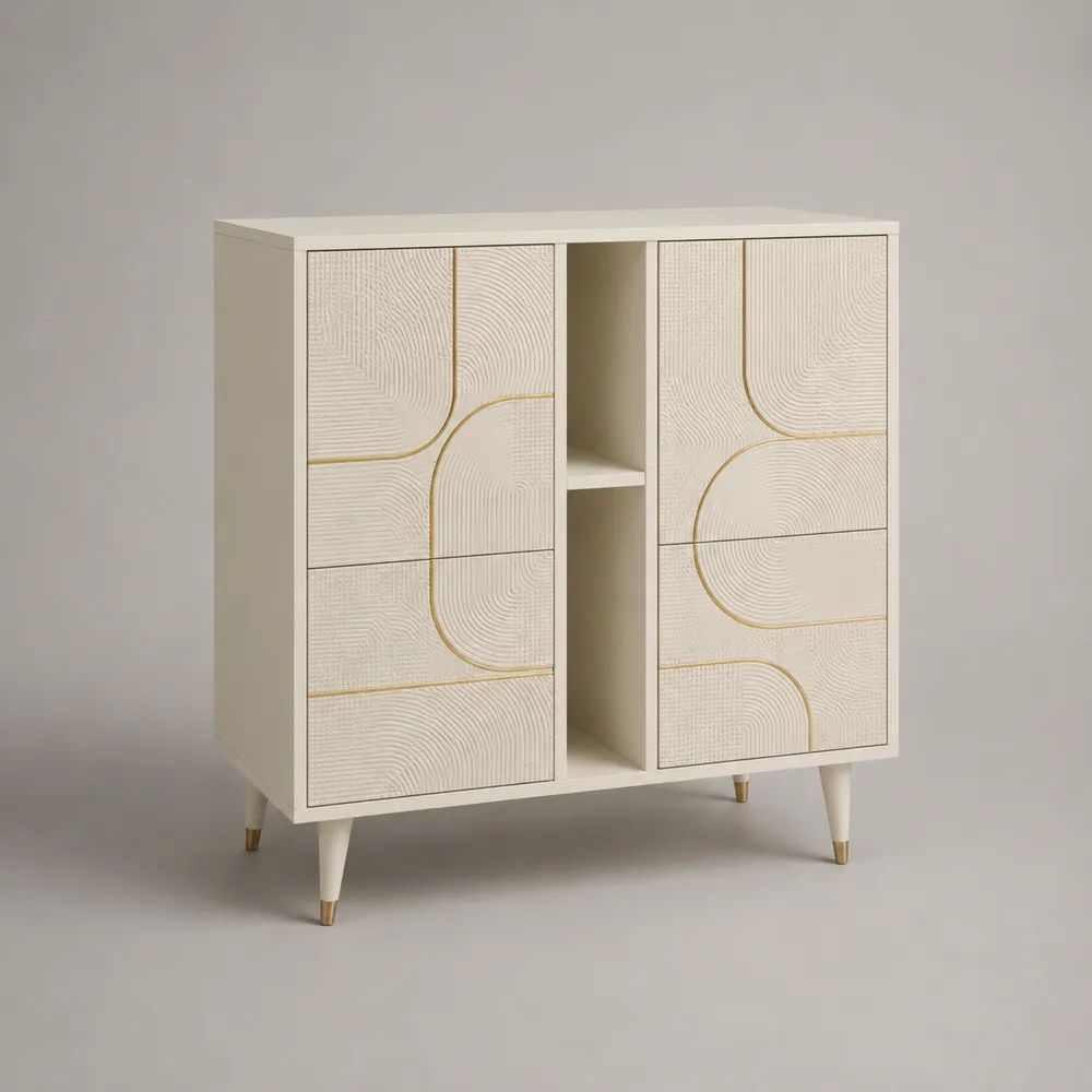 Credenza alta in legno con 6 cassetti e 3 vani aperti, avorio e oro, 120 × 40 × 130 cm