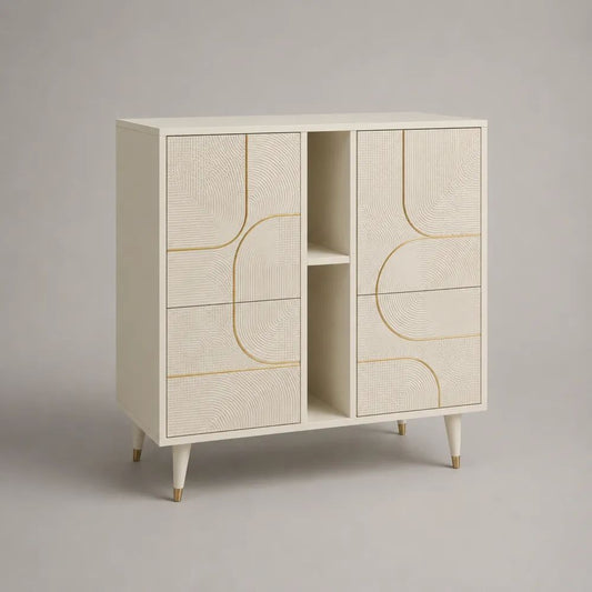 Credenza alta in legno con 6 cassetti e 3 vani aperti, avorio e oro, 120 × 40 × 130 cm