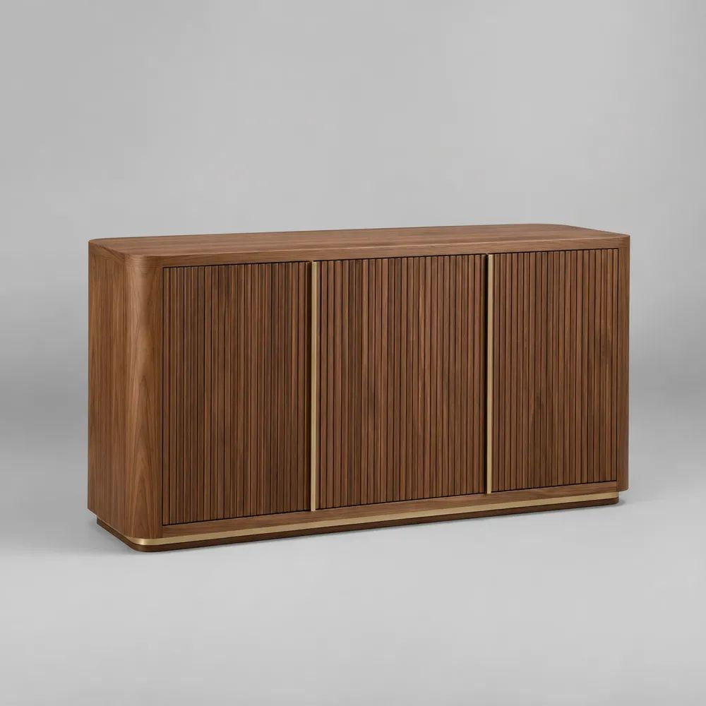 Madia credenza rettangolare a 3 ante in MDF impiallacciato, marrone noce e ottone, 160 x 40 x 80 cm