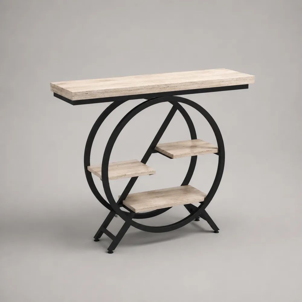Consolle da ingresso con 4 ripiani in MDF effetto travertino e struttura circolare in acciaio nero, 100 x 30 x 90 cm