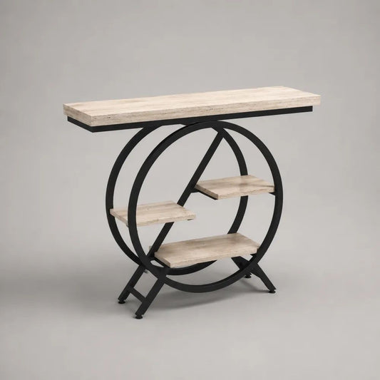 Consolle da ingresso con 4 ripiani in MDF effetto travertino e struttura circolare in acciaio nero, 100 x 30 x 90 cm