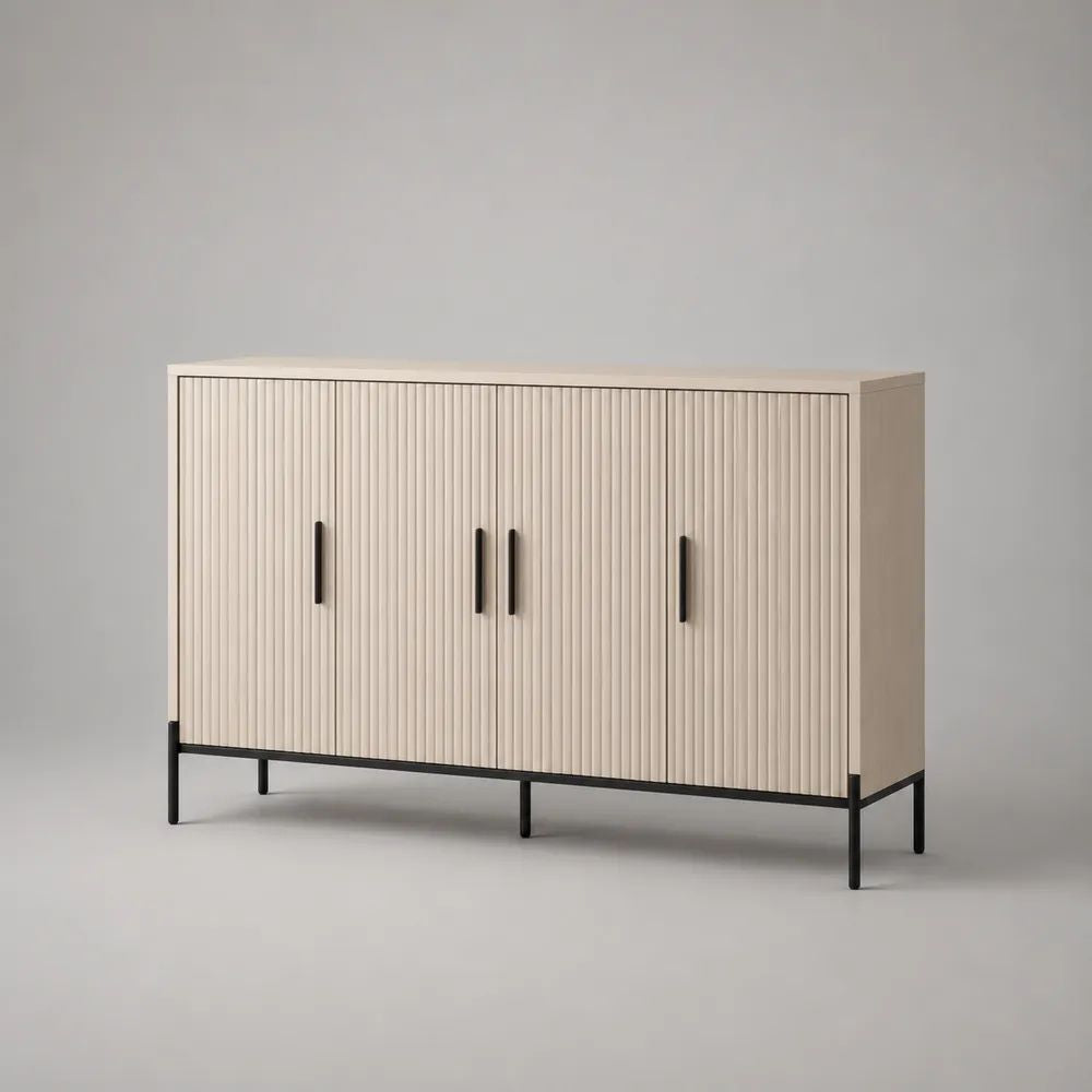 Credenza rettangolare a 4 ante in MDF e acciaio, crema e nero, 160 x 40 x 90 cm