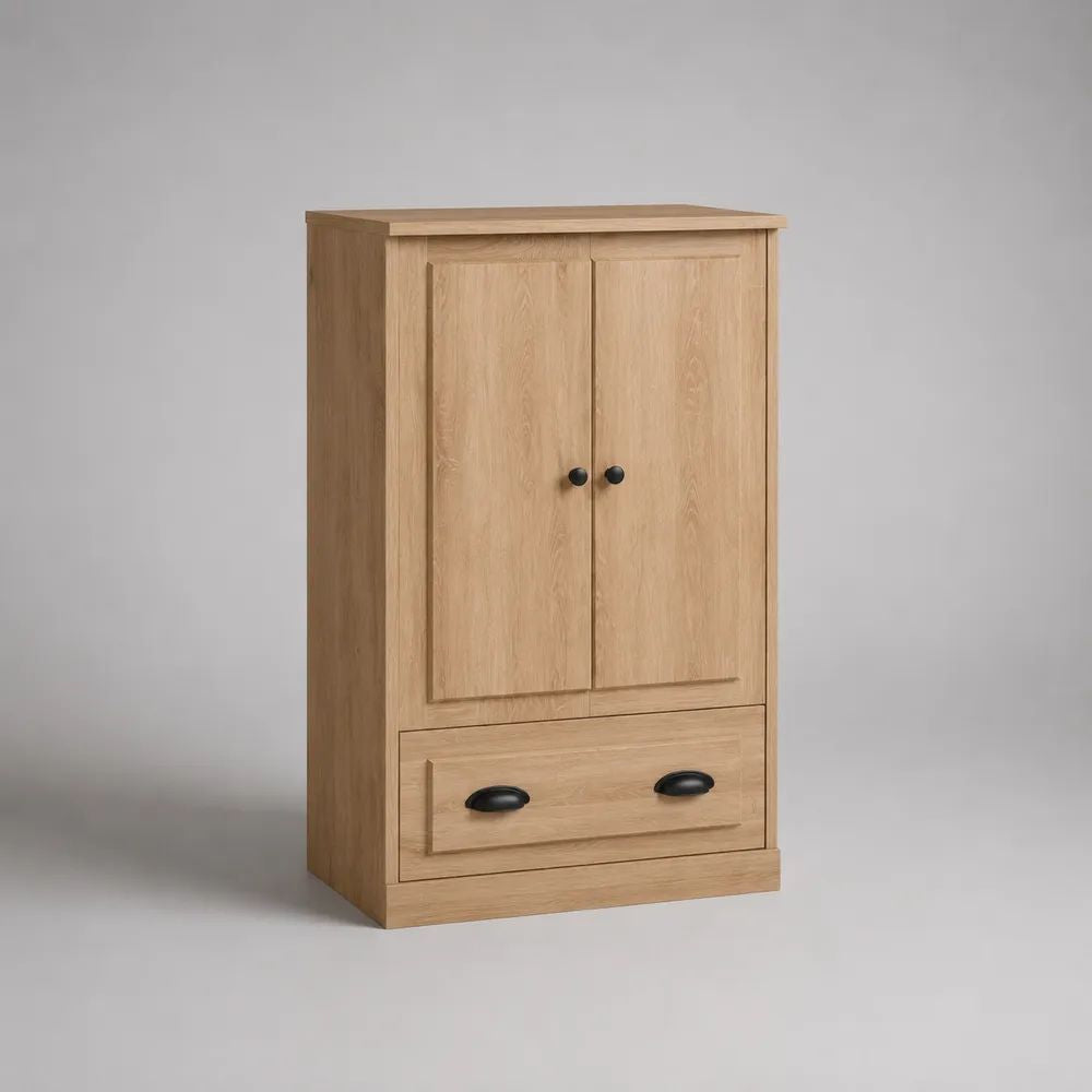 Credenza alta rettangolare in truciolare melaminico con 2 ante, ripiano e cassetto, rovere naturale, 90 × 40 × 140 cm
