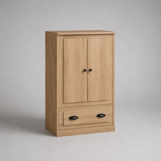 Credenza alta rettangolare in truciolare melaminico con 2 ante, ripiano e cassetto, rovere naturale, 90 × 40 × 140 cm