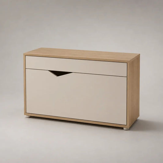 Scarpiera salvaspazio rettangolare in pannelli melaminici con 1 anta a ribalta e 1 cassetto, rovere chiaro e bianco, 100 x 24 x 80 cm