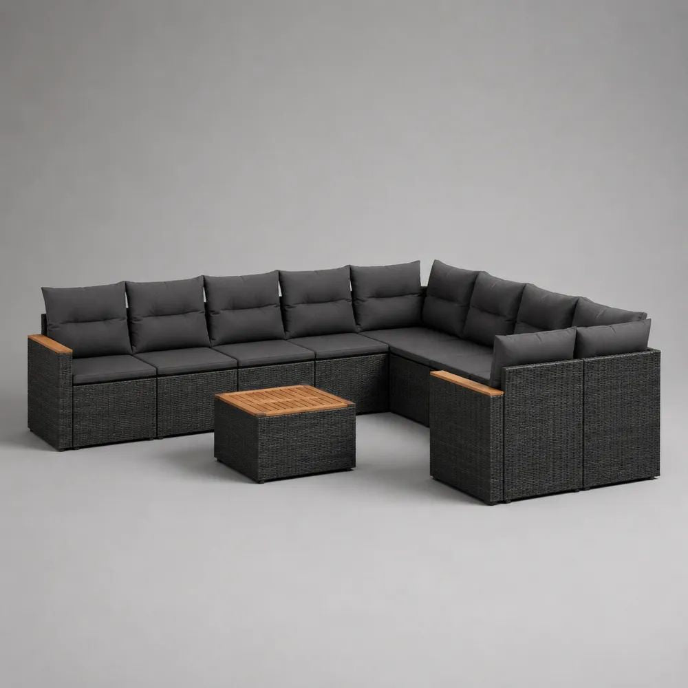 Set divano modulare da giardino a U 9 pezzi in polyrattan nero con cuscini antracite e tavolino in legno, 310 x 230 x 75 cm