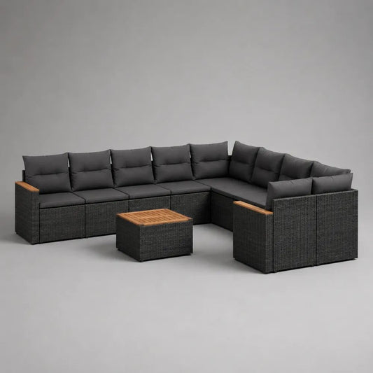 Set divano modulare da giardino a U 9 pezzi in polyrattan nero con cuscini antracite e tavolino in legno, 310 x 230 x 75 cm