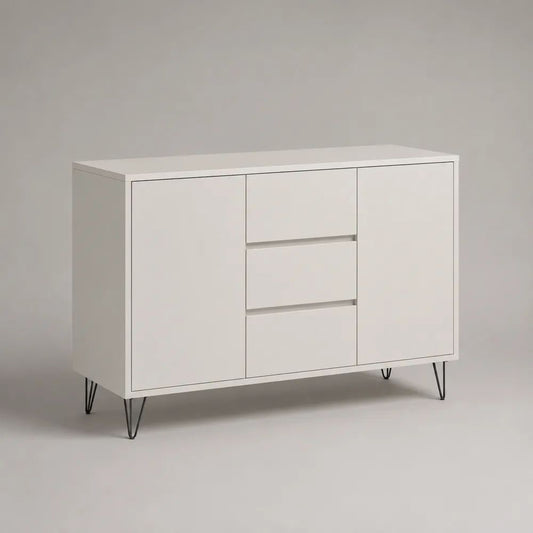 Credenza buffet rettangolare in pannello truciolare bianco con 2 ante, 3 cassetti e gambe in acciaio nero, 120 x 40 x 80 cm