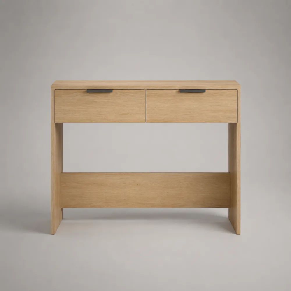Consolle rettangolare con 2 cassetti in MDF impiallacciato rovere naturale, 100 x 35 x 85 cm